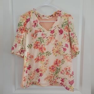 Les Amis Peach Orange Floral Blouse Top